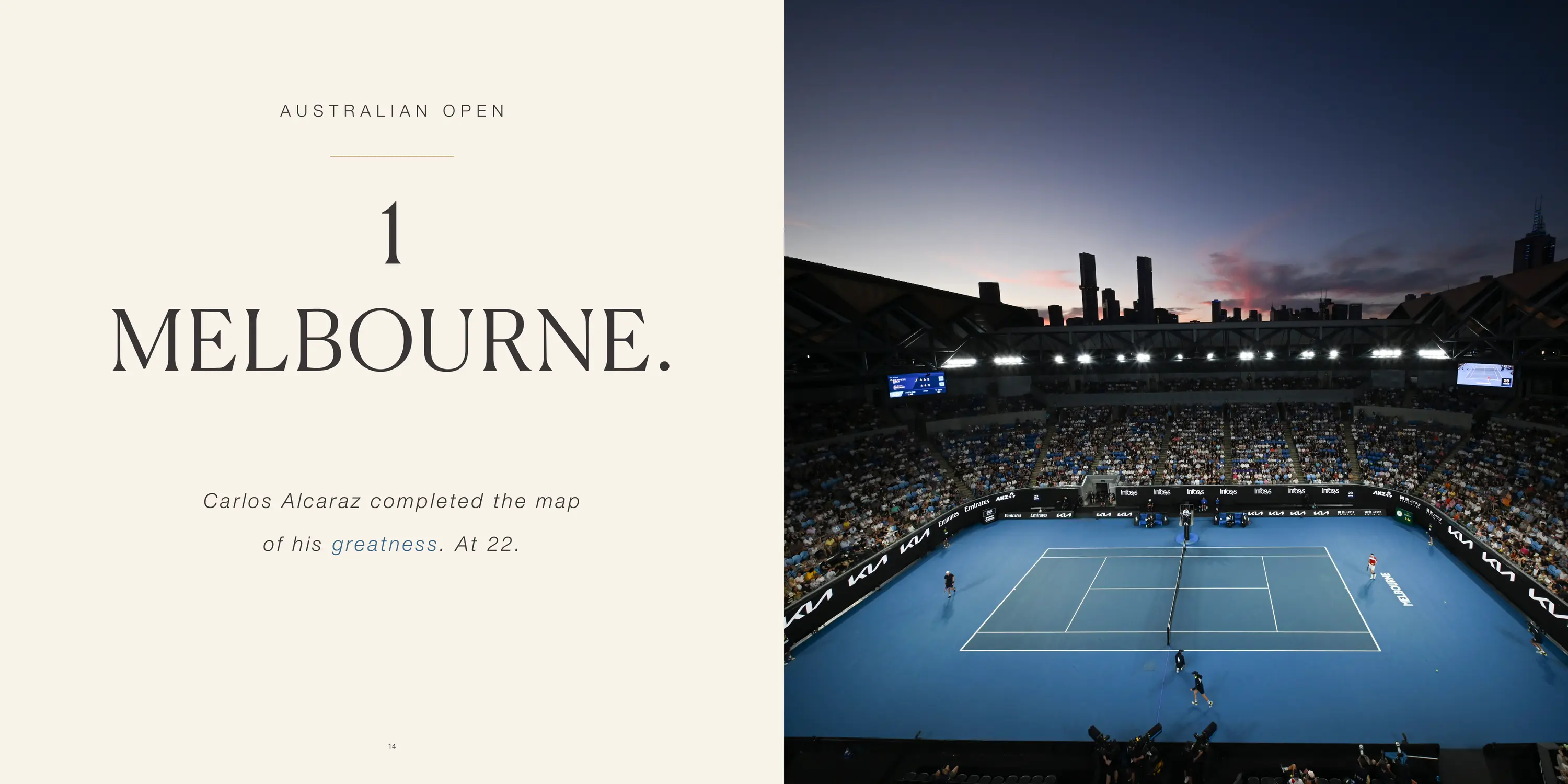 Slam Book open to the Australian Open chapter, with the Melbourne title page and a view of the blue court at dusk